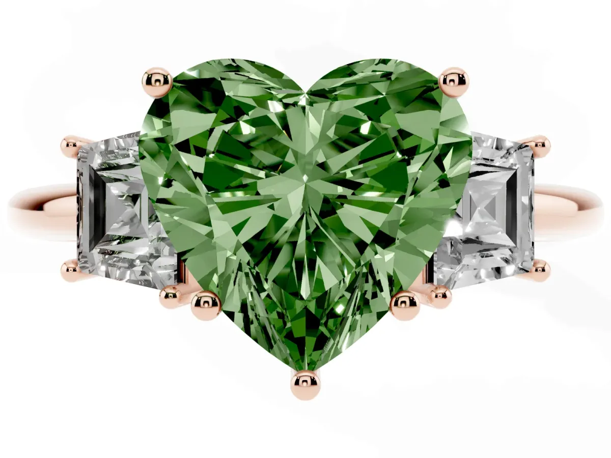 Fancy Green Heart Cut Diamond Three-Stone Ring with Trapezoid Side Stones and Prong Setting Rose gold