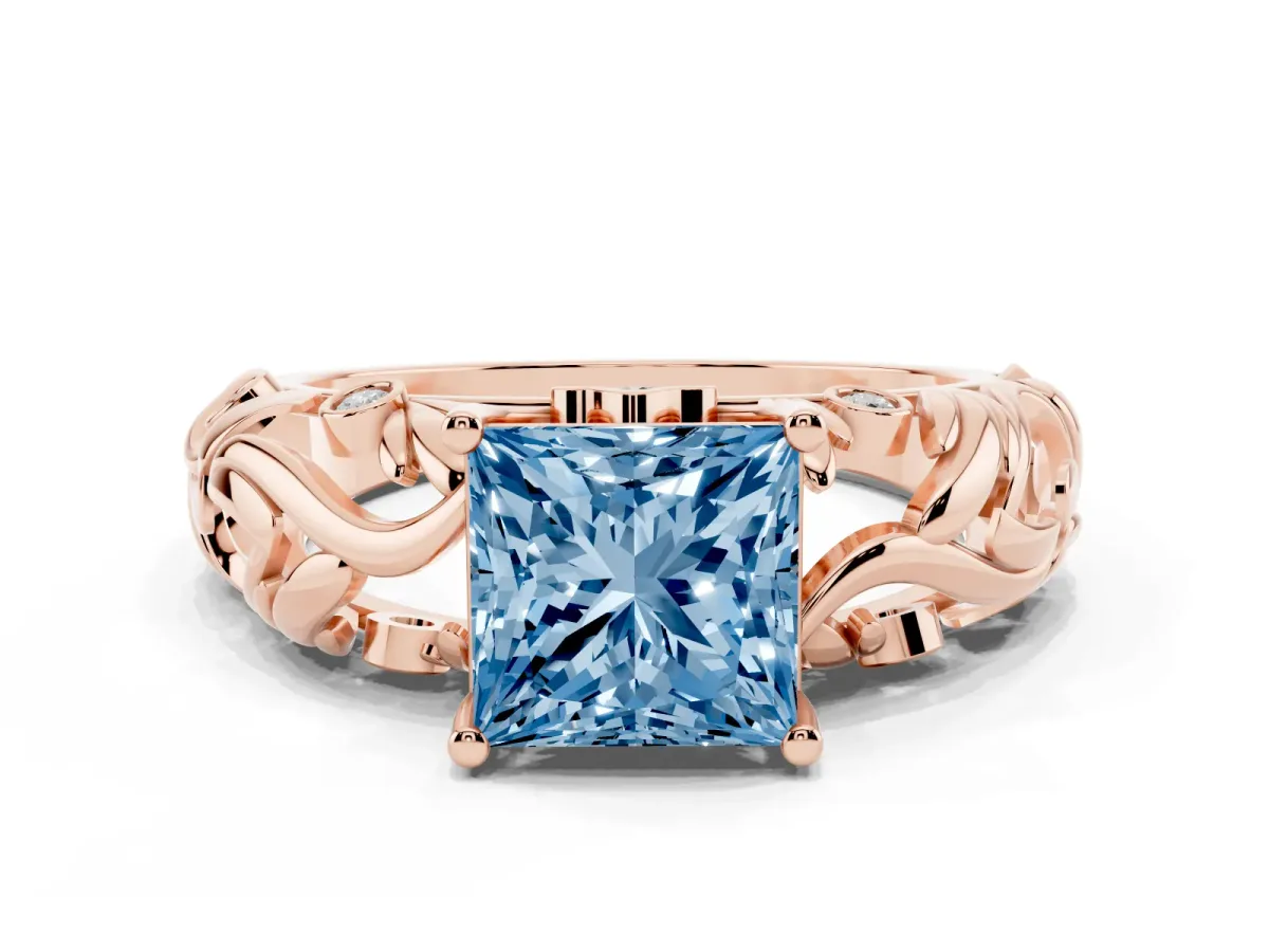 Fancy Blue Princess Cut Solitaire Diamond Leaf-Inspired Vine Band Ring with Prong Setting Rose gold