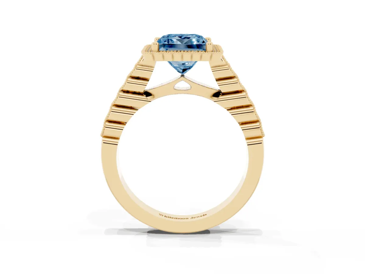 Fancy Blue Princess Cut Cut Halo Pavé Solitaire Ring with Milgrain Band Yellow gold