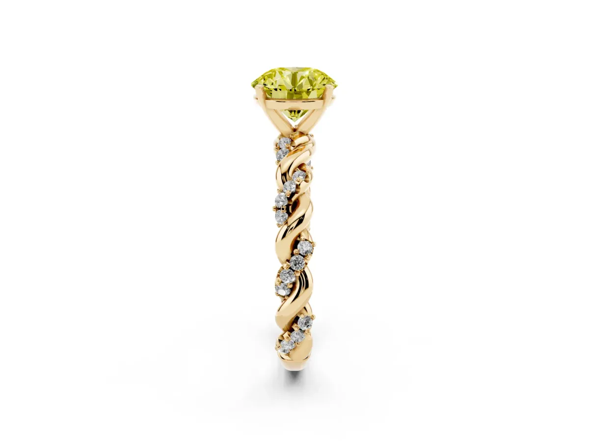 Fancy Yellow Round Cut Diamond Solitaire Ring with Twisted Band and Pavé Accents Yellow gold