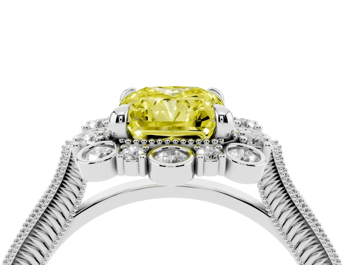 Fancy Yellow Radiant Cut Halo Milgrain Pave Diamond Ring with Four-Prong Setting White gold