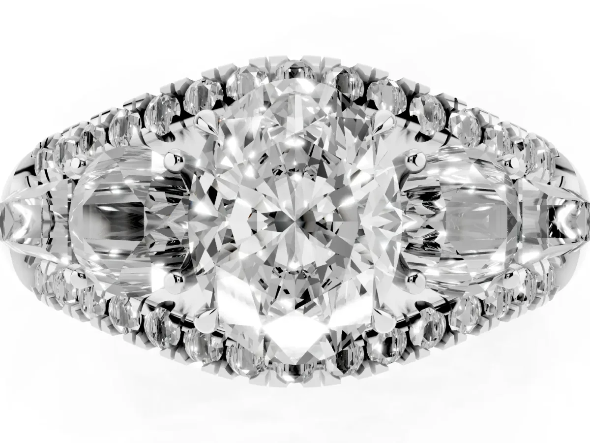 Three-Stone Oval Cut Diamond Engagement Ring with Pave Band and Prong Setting Silver