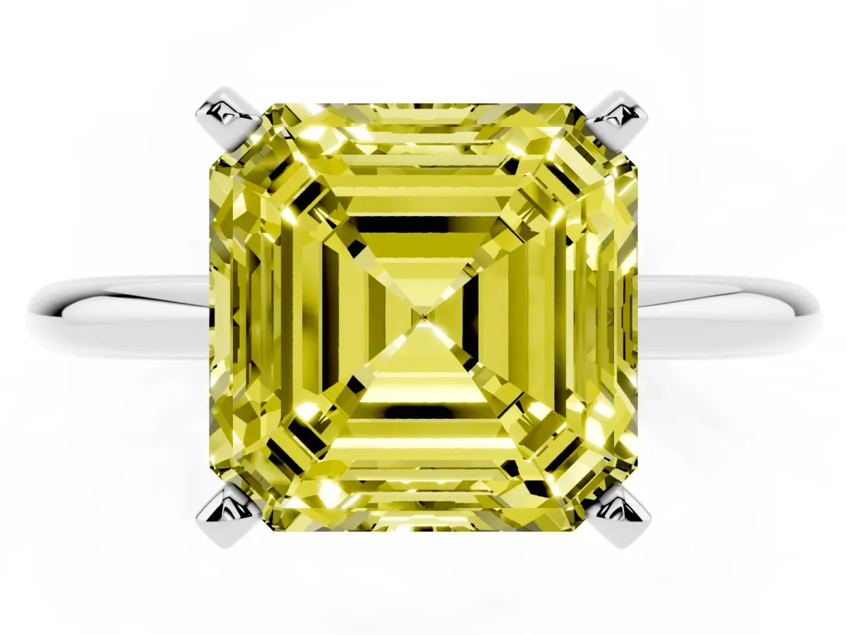 Fancy Yellow Asscher Cut Diamond Solitaire Ring with Prong Setting and Classic Band Silver