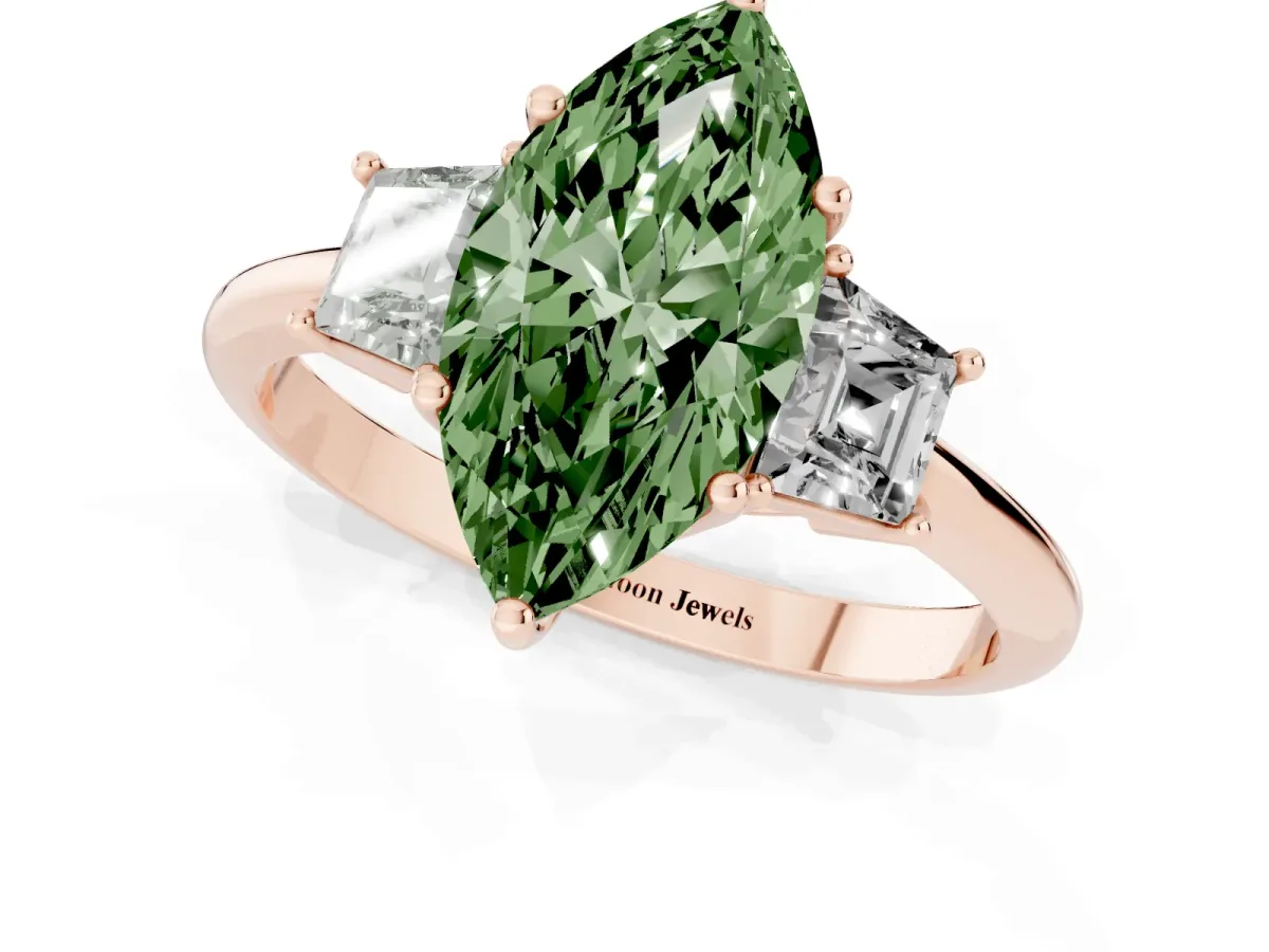 Fancy Green Marquise Cut Diamond Three-Stone Ring with Trapezoid Side Stones and Prong Setting Rose gold