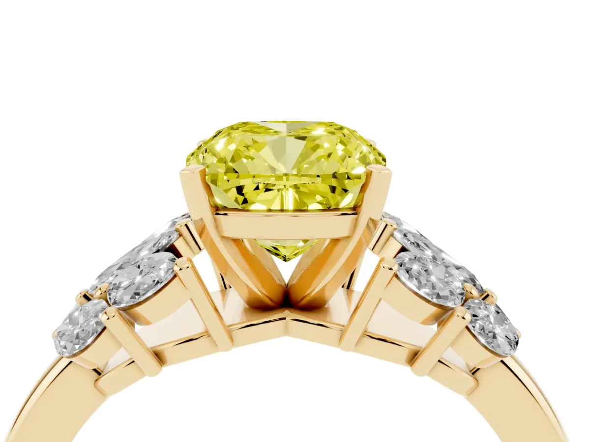 Fancy Yellow Cushion Cut Diamond Cluster Leaf Design Ring with Prong Setting Yellow gold
