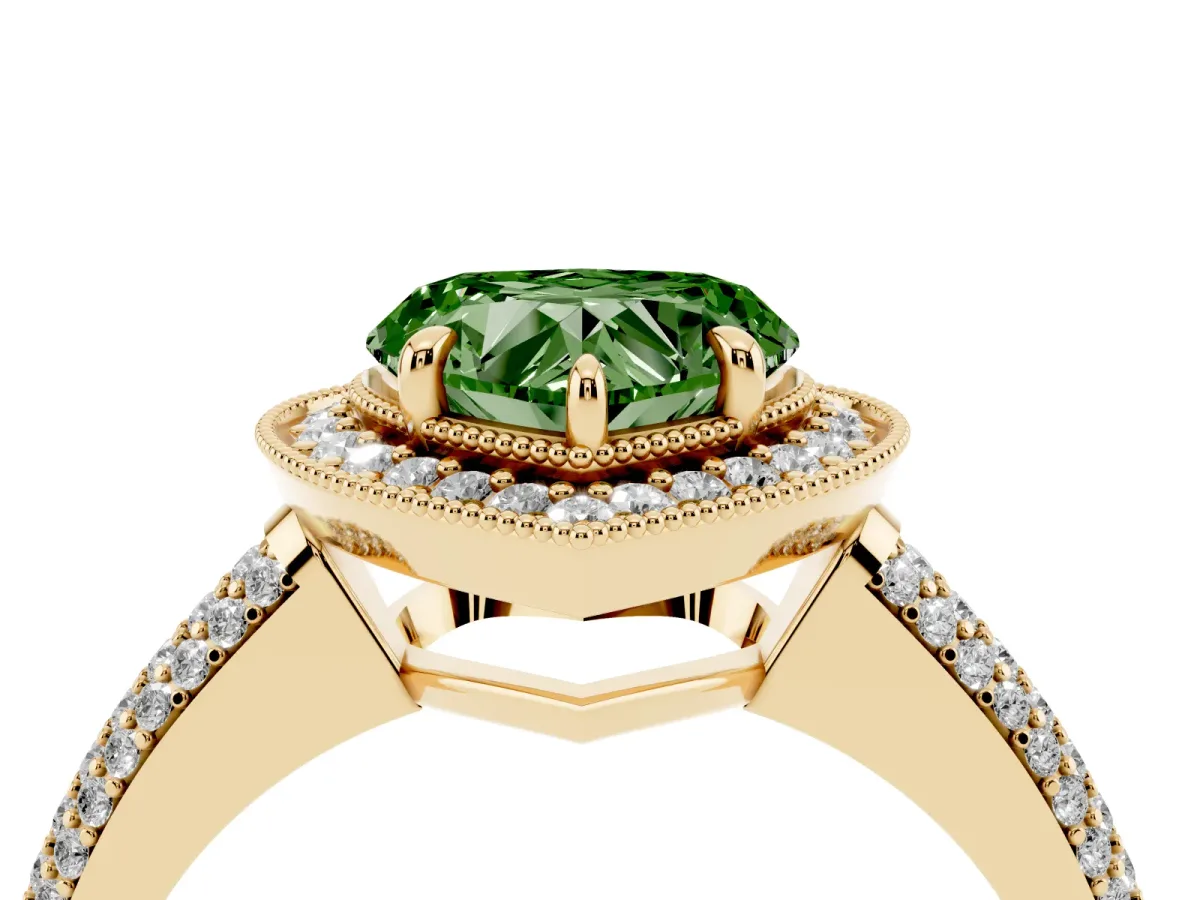 Fancy Green Heart Cut Cut Halo Diamond Pave Band with Four-Prong Setting Yellow gold