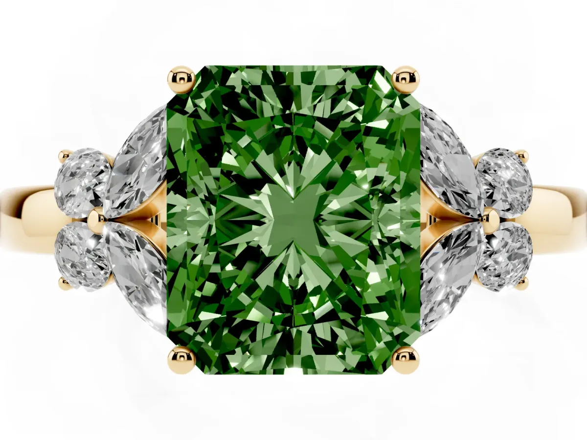 Fancy Green Radiant Cut Cut Solitaire Floral Diamond Ring with Four-Prong Setting Yellow gold