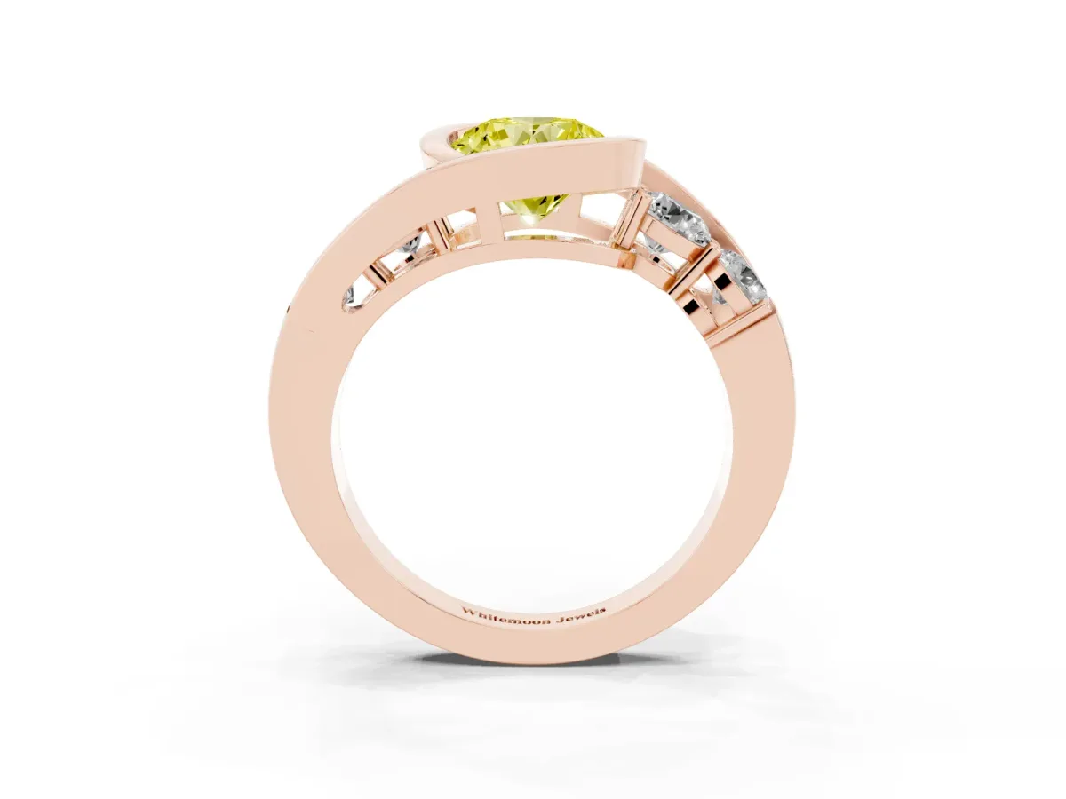 Fancy Yellow Bezel Set Round Cut Diamond Bypass Ring with Round Accents Rose gold