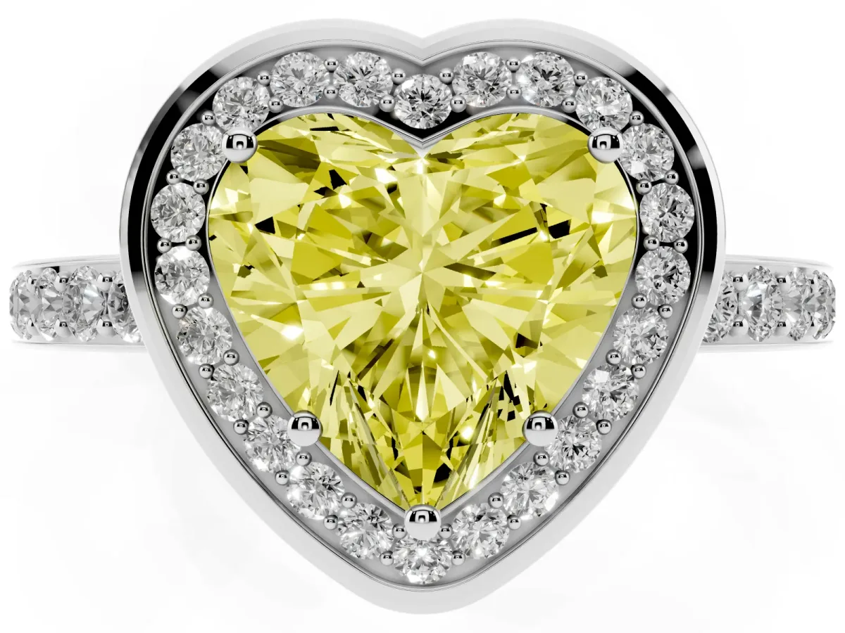 Fancy Yellow Heart Cut Diamond Halo Ring with Bezel Frame and Pavé Band Silver
