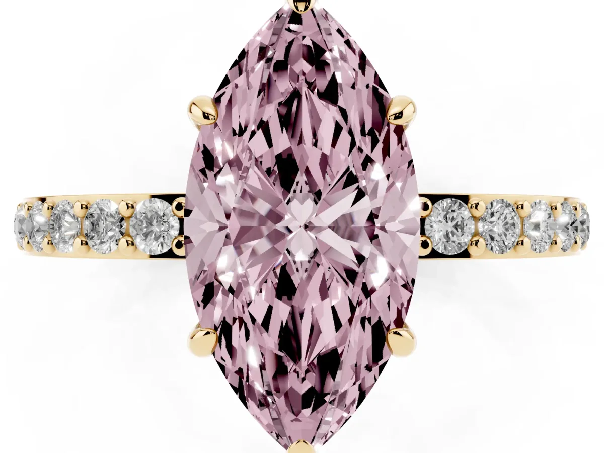 Fancy Pink Marquise Cut Diamond Pavé Engagement Ring with Round Accents and Prong Setting Yellow gold
