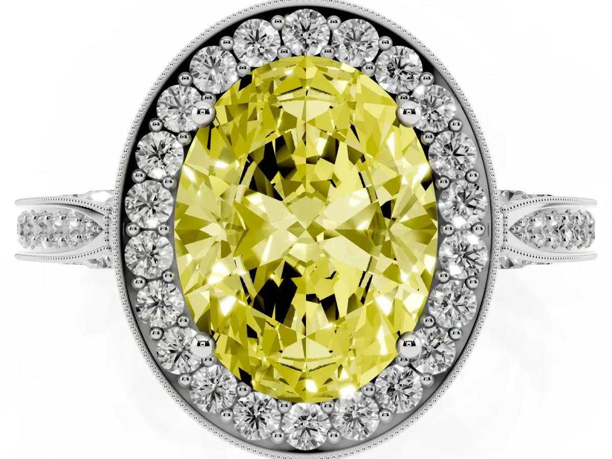 Fancy Yellow Oval Cut Halo Diamond Engagement Ring with Split Shank Band and Four-Prong Setting Silver