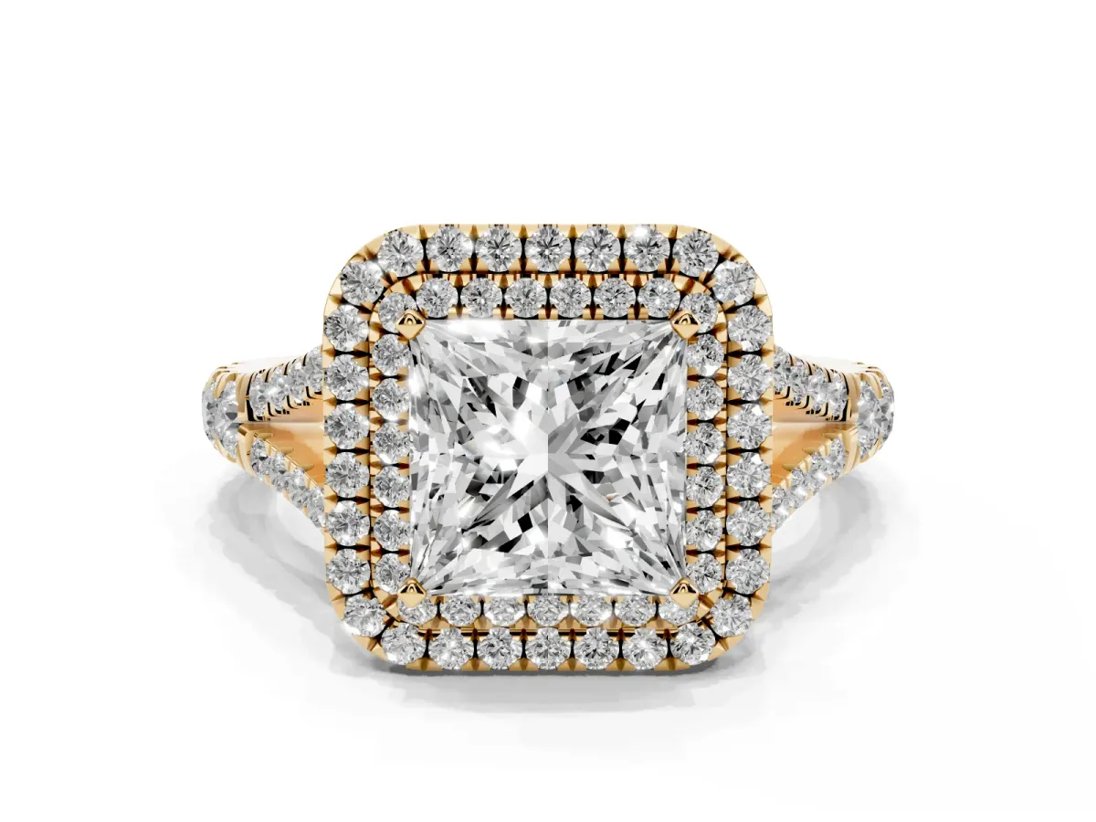 Double Halo Princess Cut Diamond Split Shank Engagement Ring with Four-Prong Setting Yellow gold