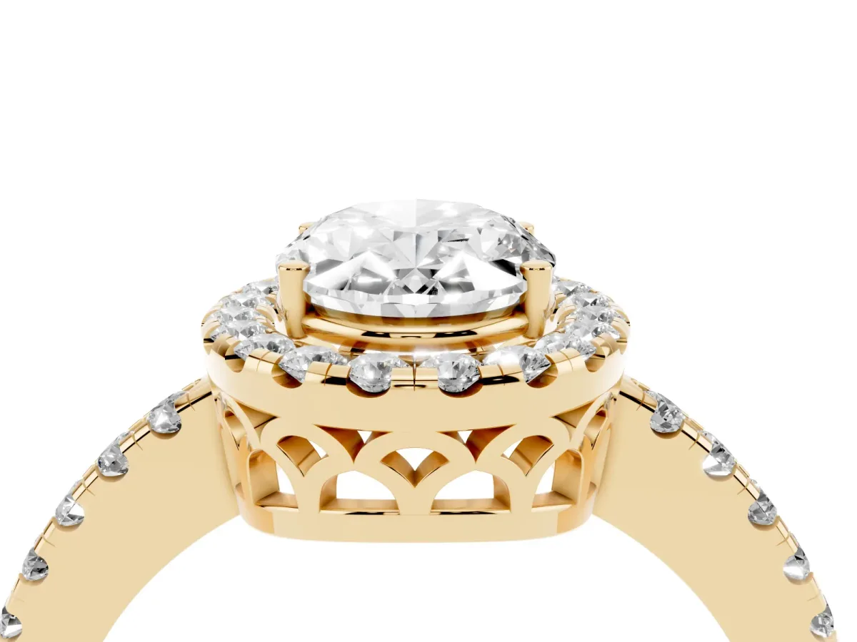Oval Cut Halo Diamond Engagement Ring with Pavé Band and Four-Prong Setting Yellow gold