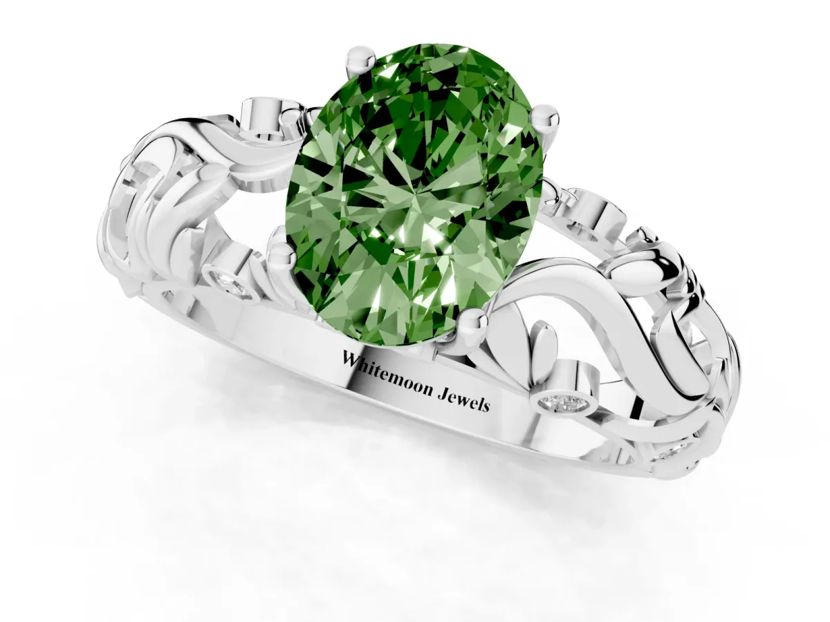 Fancy Green Oval Cut Solitaire Diamond Leaf-Inspired Vine Band Ring with Prong Setting Platinum