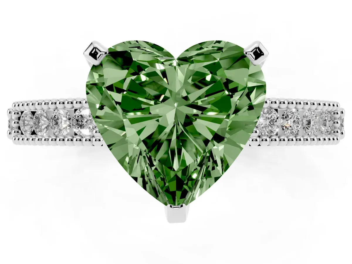 Fancy Green Heart Cut Solitaire with Pavé Band and Four-Prong Setting Silver