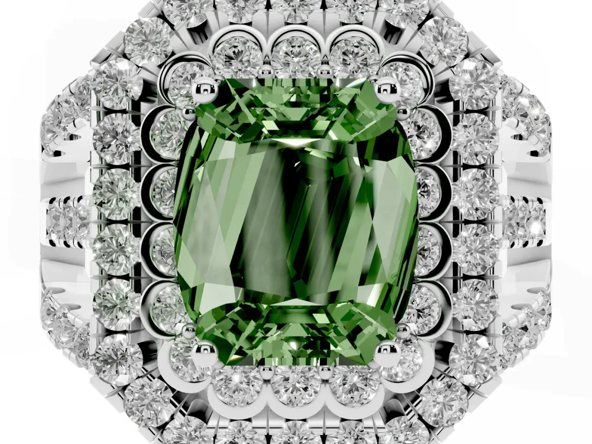 Fancy Green Emerald Cut Diamond Double Halo Ring with Round Pavé Split Shank and Prong Setting Platinum