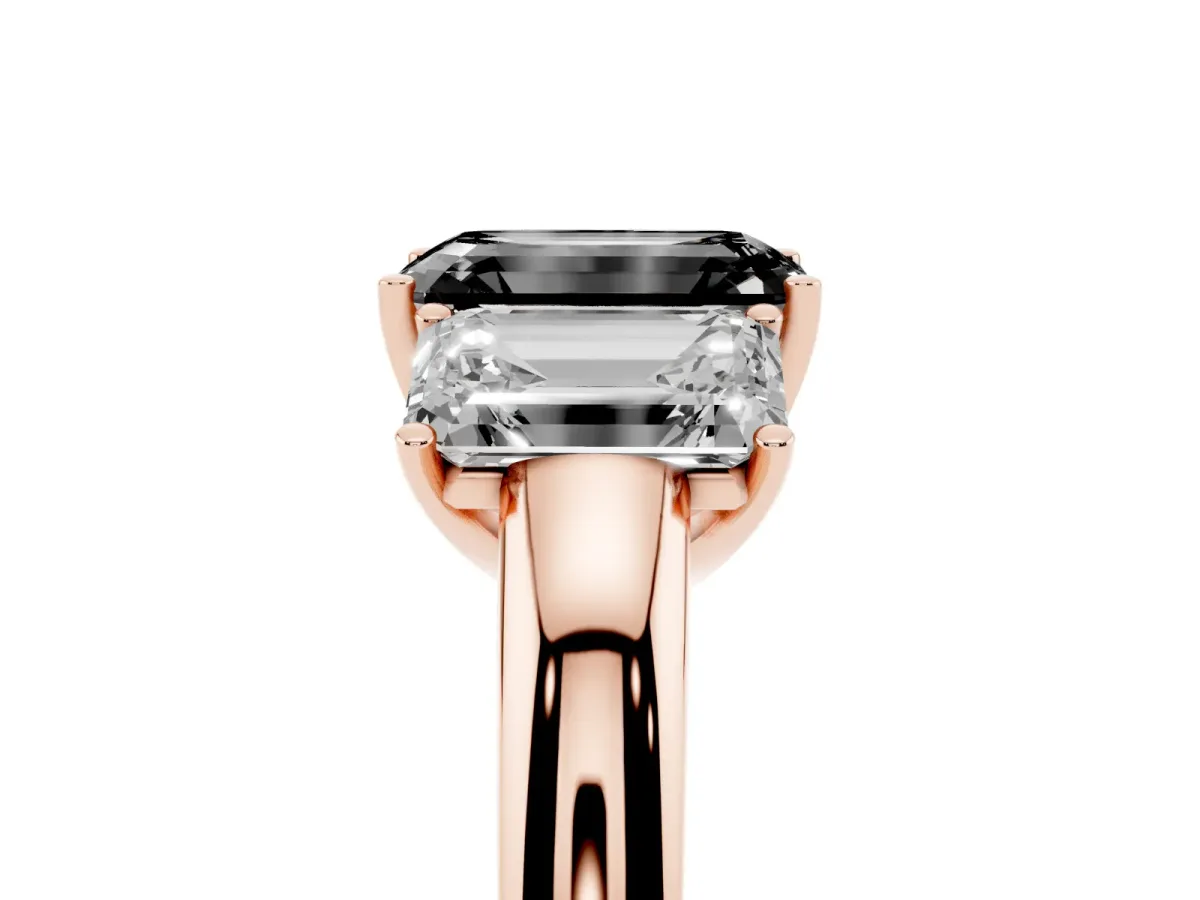 Fancy Black Emerald Cut Diamond Three-Stone Ring with Four-Prong Setting and Classic Band Rose gold