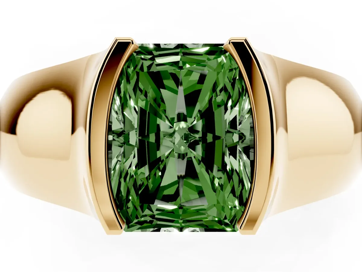 Fancy Green Radiant Cut Solitaire Bezel Set Diamond Ring with Wide Band Yellow gold