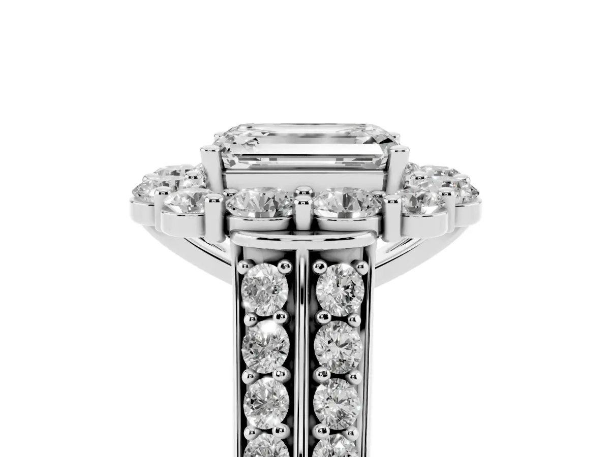 Emerald Cut Halo Diamond Engagement Ring with Split Shank and Prong Setting Silver