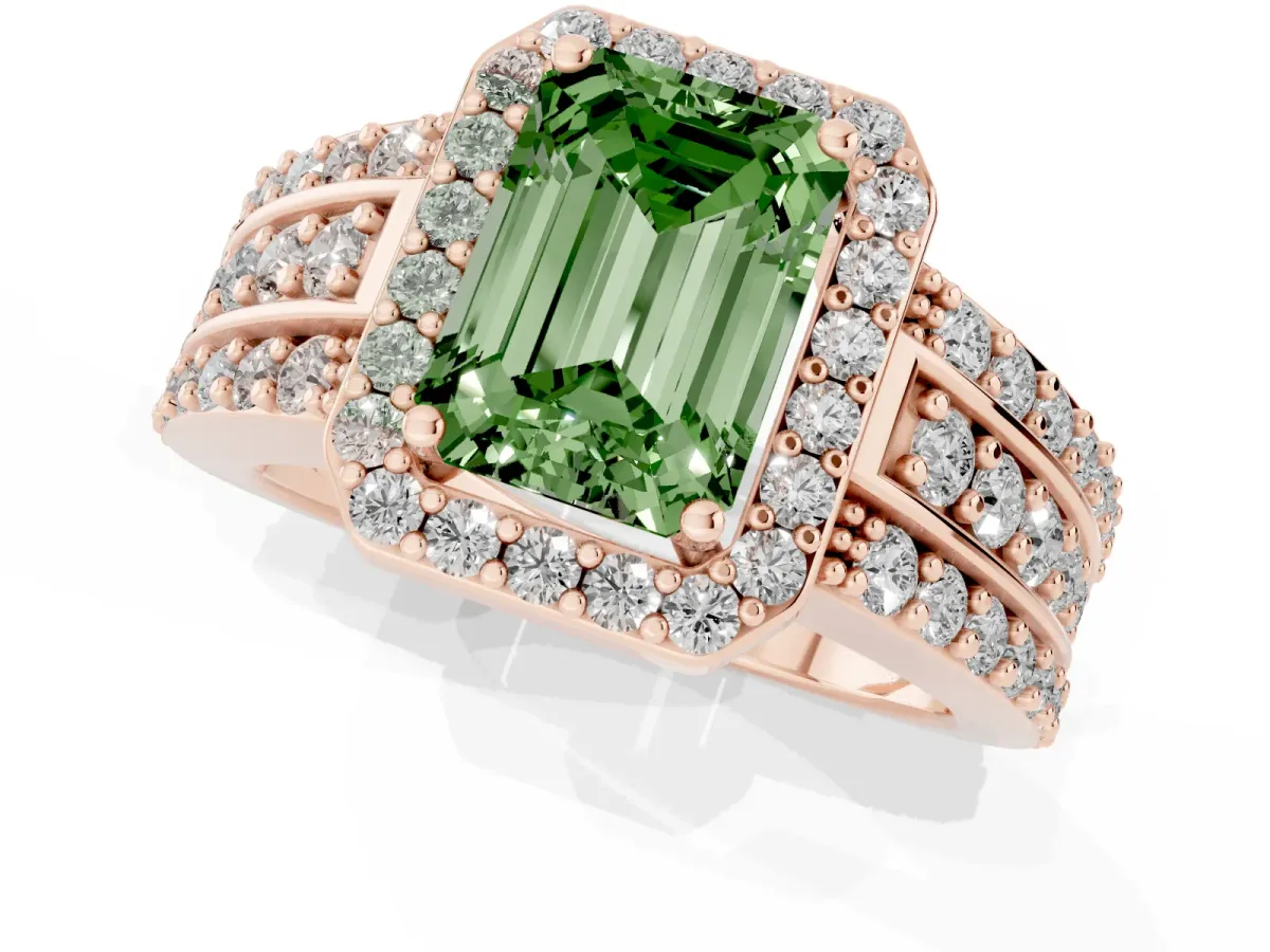 Fancy Green Emerald Cut Halo Diamond Ring with Round Split Shank and Prong Setting Rose gold