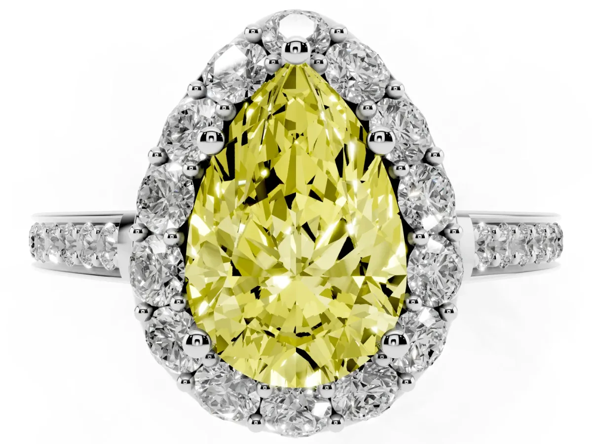 Fancy Yellow Pear Cut Diamond Floral Halo Ring with Pavé Band and Prong Setting Platinum