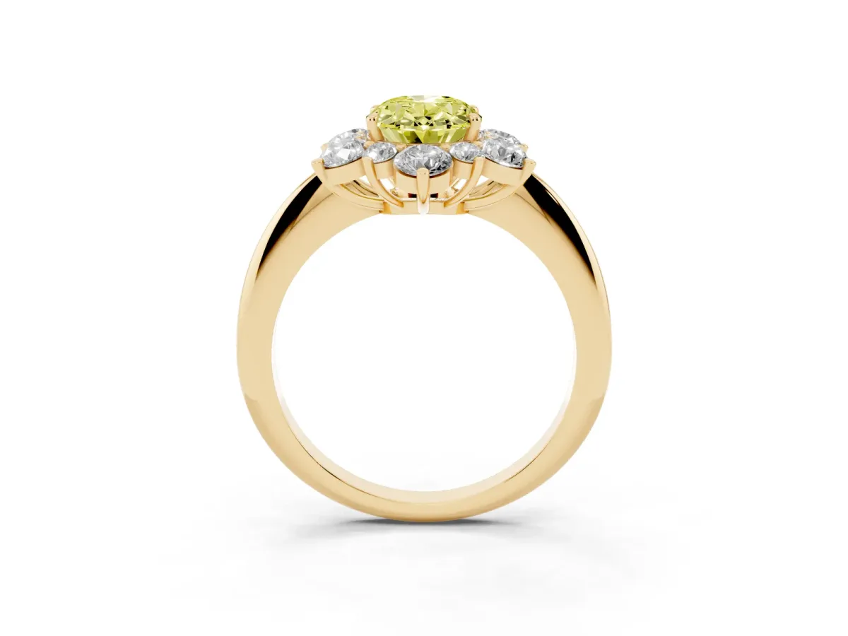 Fancy Yellow Oval Cut Diamond Cluster Halo Ring with Solitaire Band and Four-Prong Setting Yellow gold