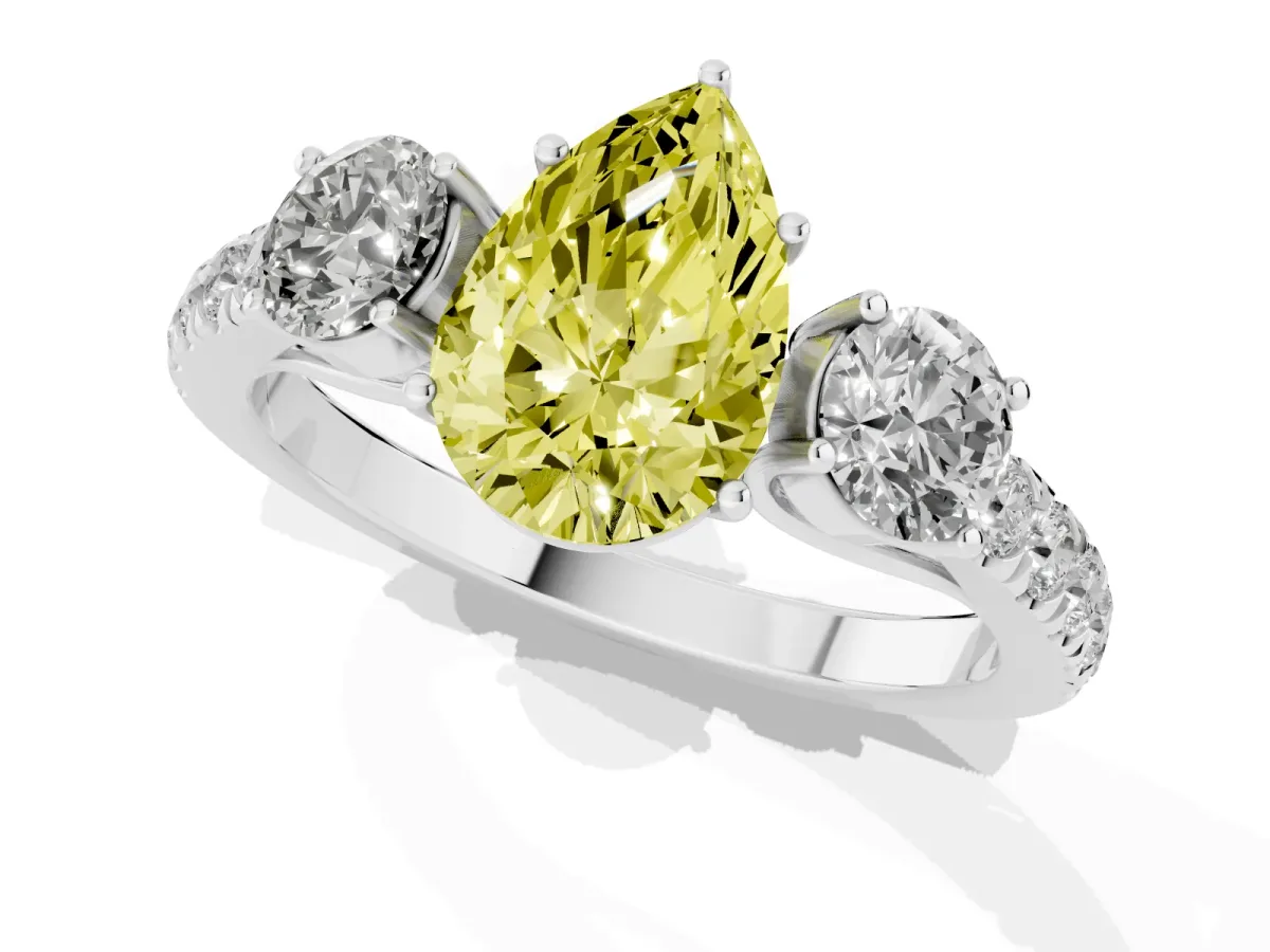 Fancy Yellow Pear Cut Cut Diamond Three-Stone Ring with Round Side Stones and Pavé Band Silver