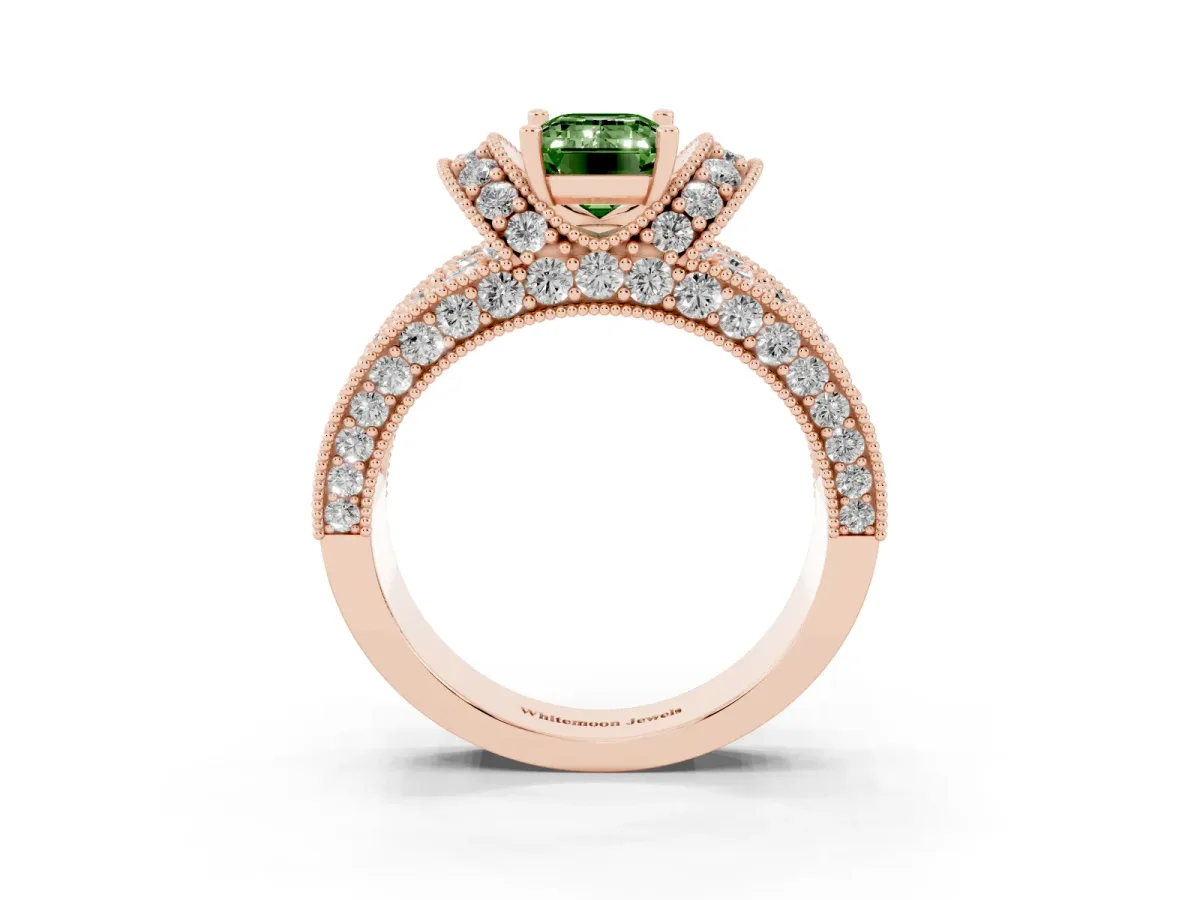 Fancy Green Emerald Cut Halo Pave Diamond Engagement Ring with Milgrain Detailing Rose gold