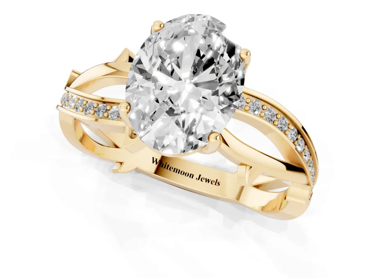 Oval Cut Solitaire Twist Band with Pavé Accents and Four-Prong Setting Yellow gold