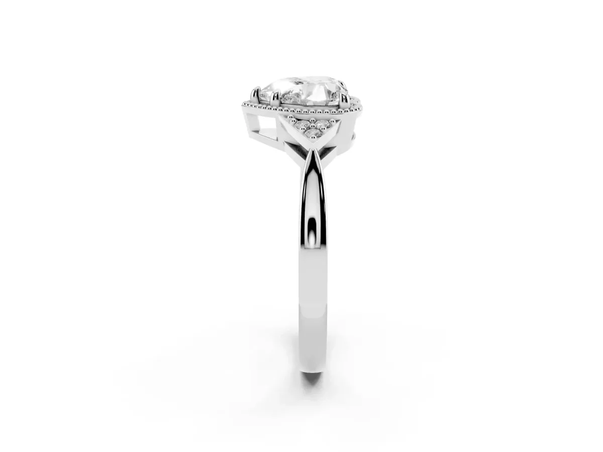 Hexagonal Halo Heart Cut Diamond Solitaire with Pavé Band and Four-Prong Setting Platinum