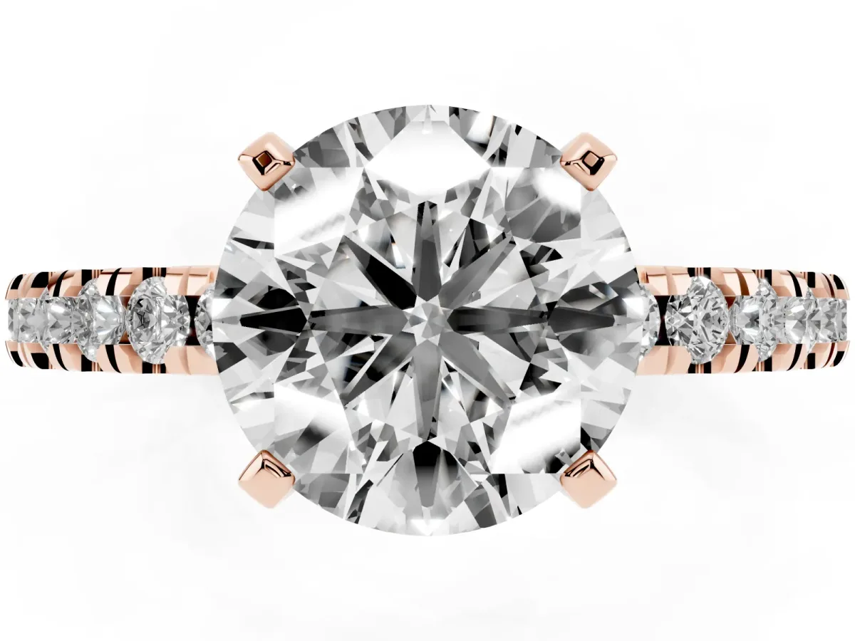Round Cut Solitaire Diamond with Pavé Band and Four-Prong Setting Rose gold