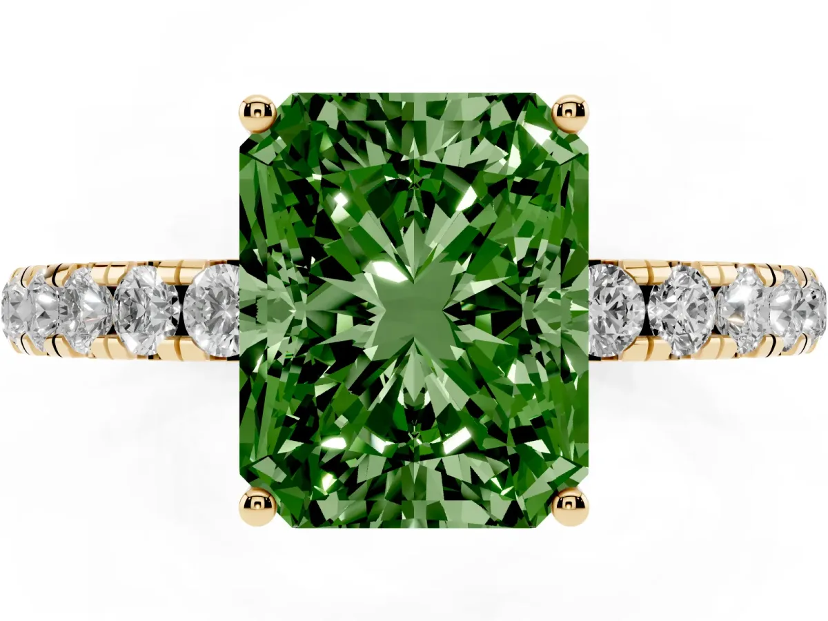 Fancy Green Radiant Cut Diamond Pavé Solitaire Engagement Ring with Four-Prong Setting Yellow gold