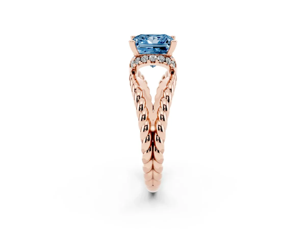 Fancy Blue Princess Cut Halo Twisted Band Four-Prong Ring Rose gold