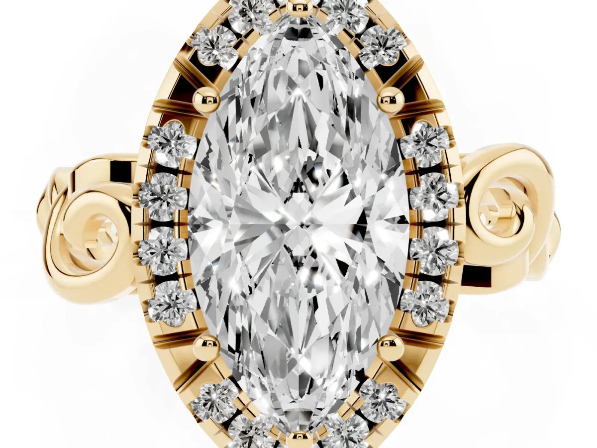 Marquise Cut Cut Halo Diamond Ring with Scrollwork Band and Four-Prong Setting Yellow gold