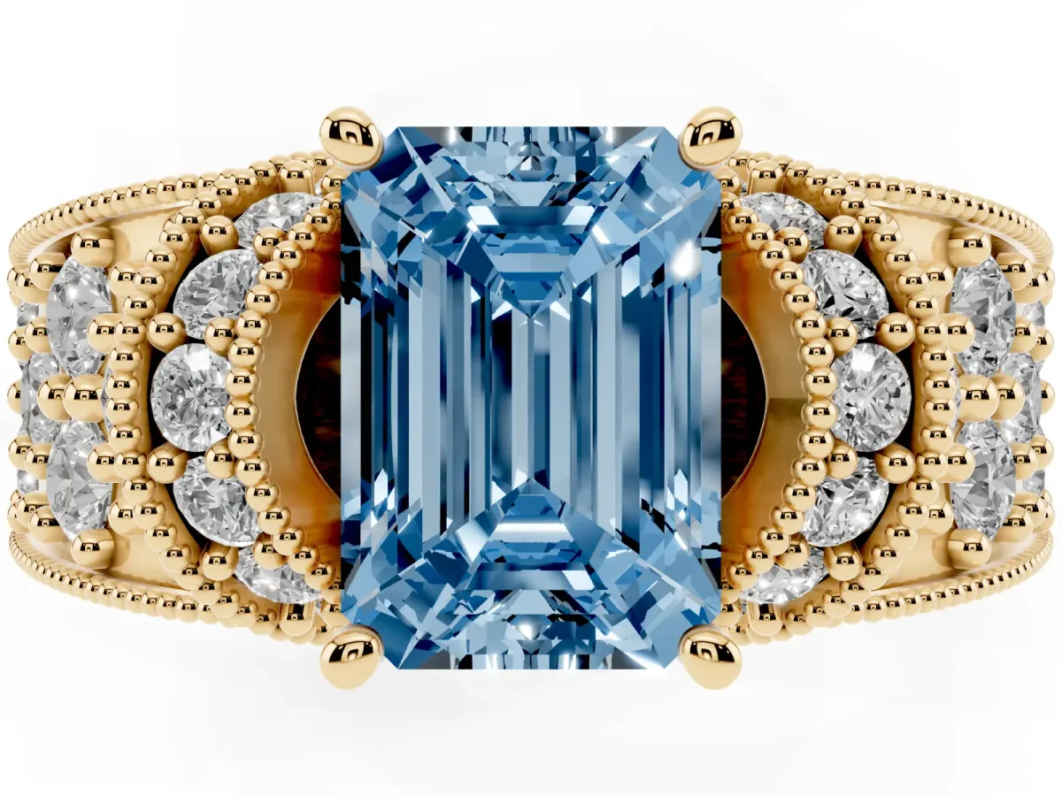 Fancy Blue Emerald Cut Halo Pave Diamond Engagement Ring with Milgrain Detailing Yellow gold
