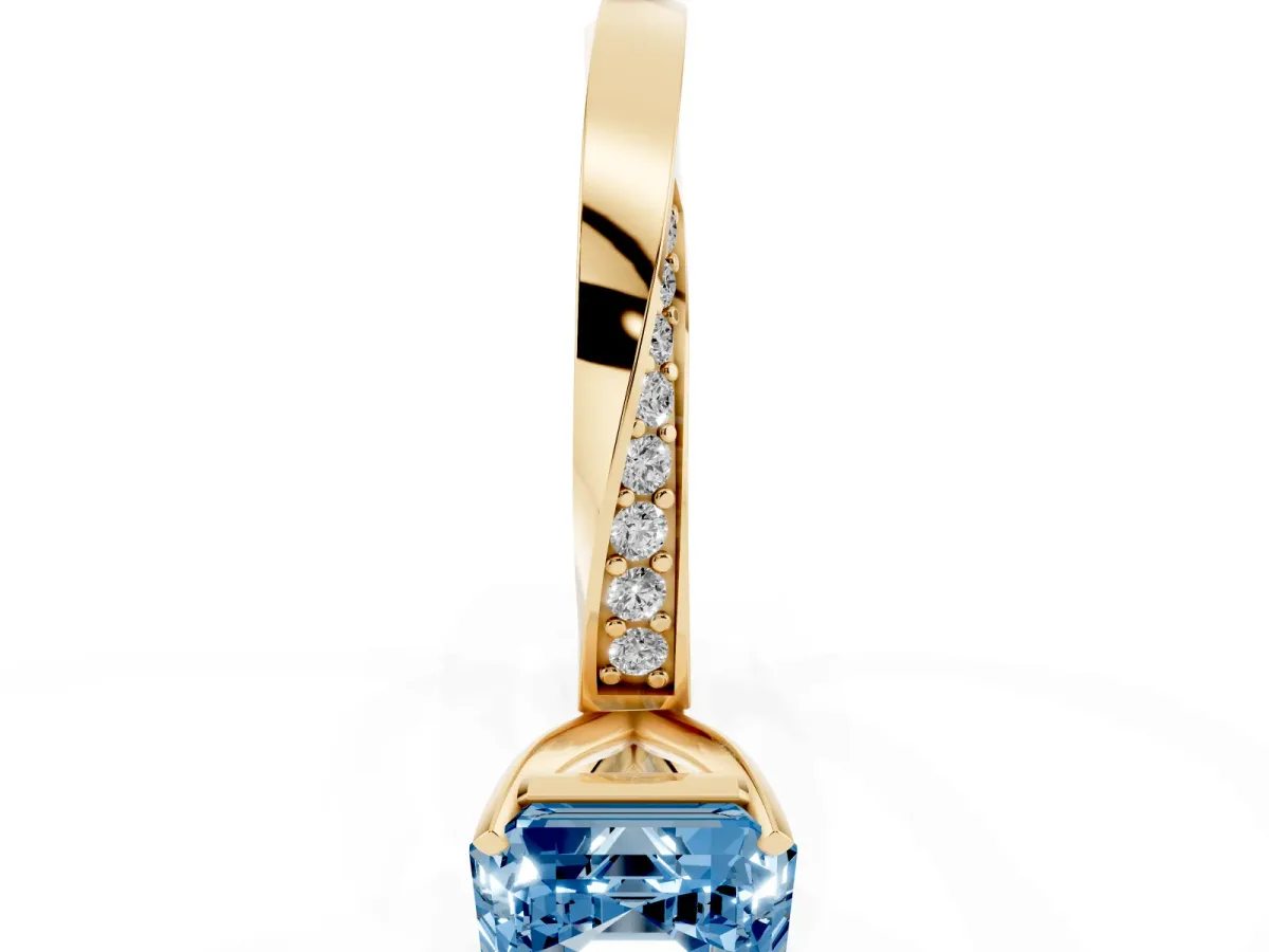 Fancy Blue Asscher Cut Diamond Engagement Ring with Side Stone Accents and Four-Prong Setting Yellow gold