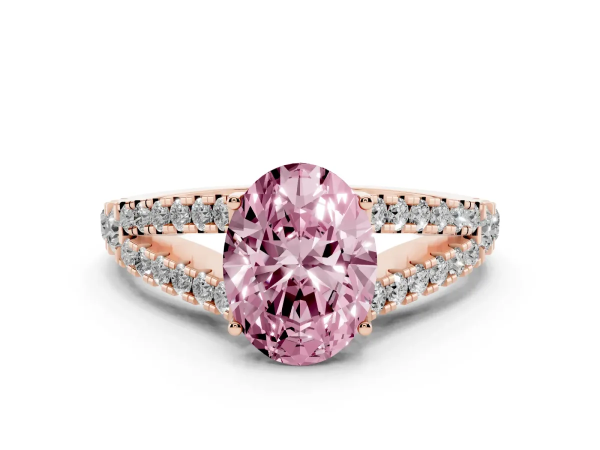 Fancy Pink Oval Cut Diamond Split Shank Engagement Ring with Round Pavé and Prong Setting Rose gold