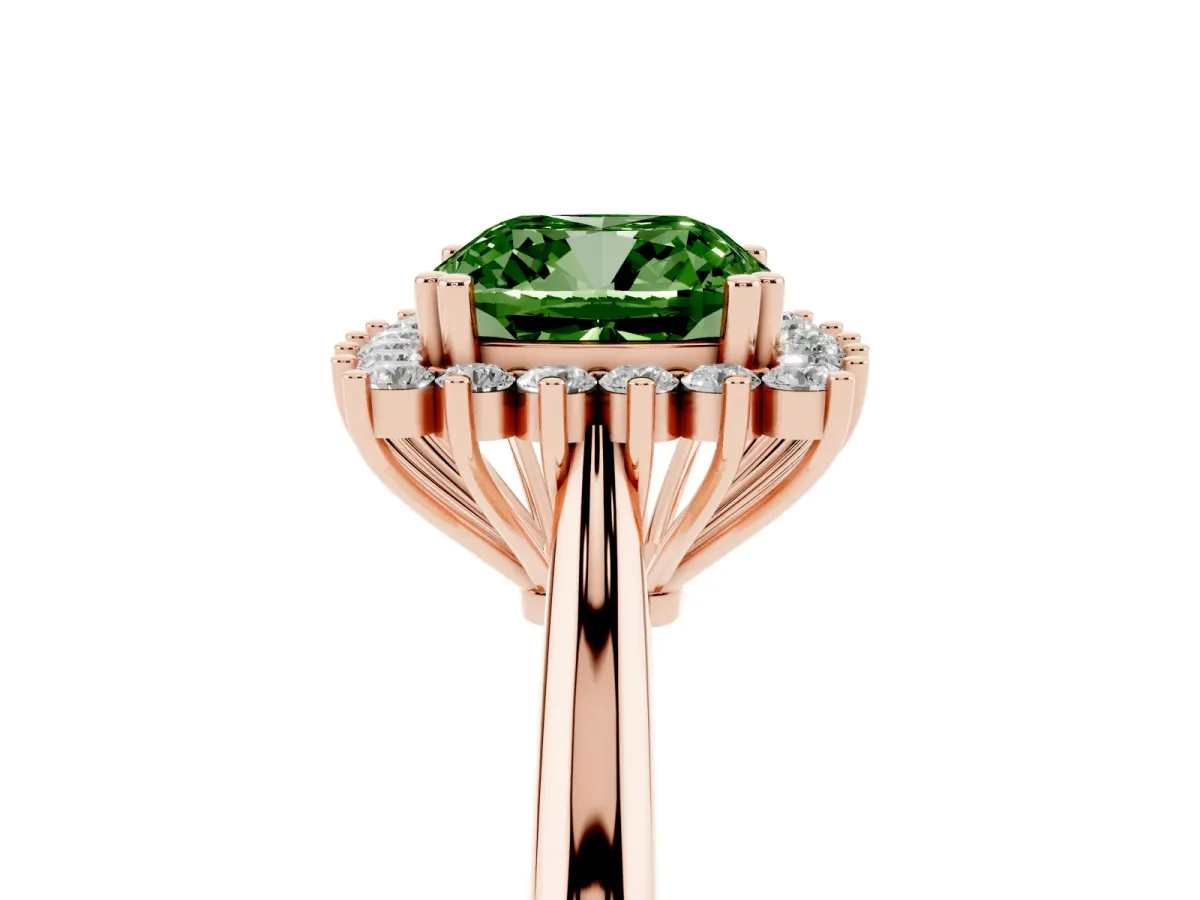 Fancy Green Cushion Cut Cut Diamond Halo Ring with Solitaire Band and Prong Setting Rose gold