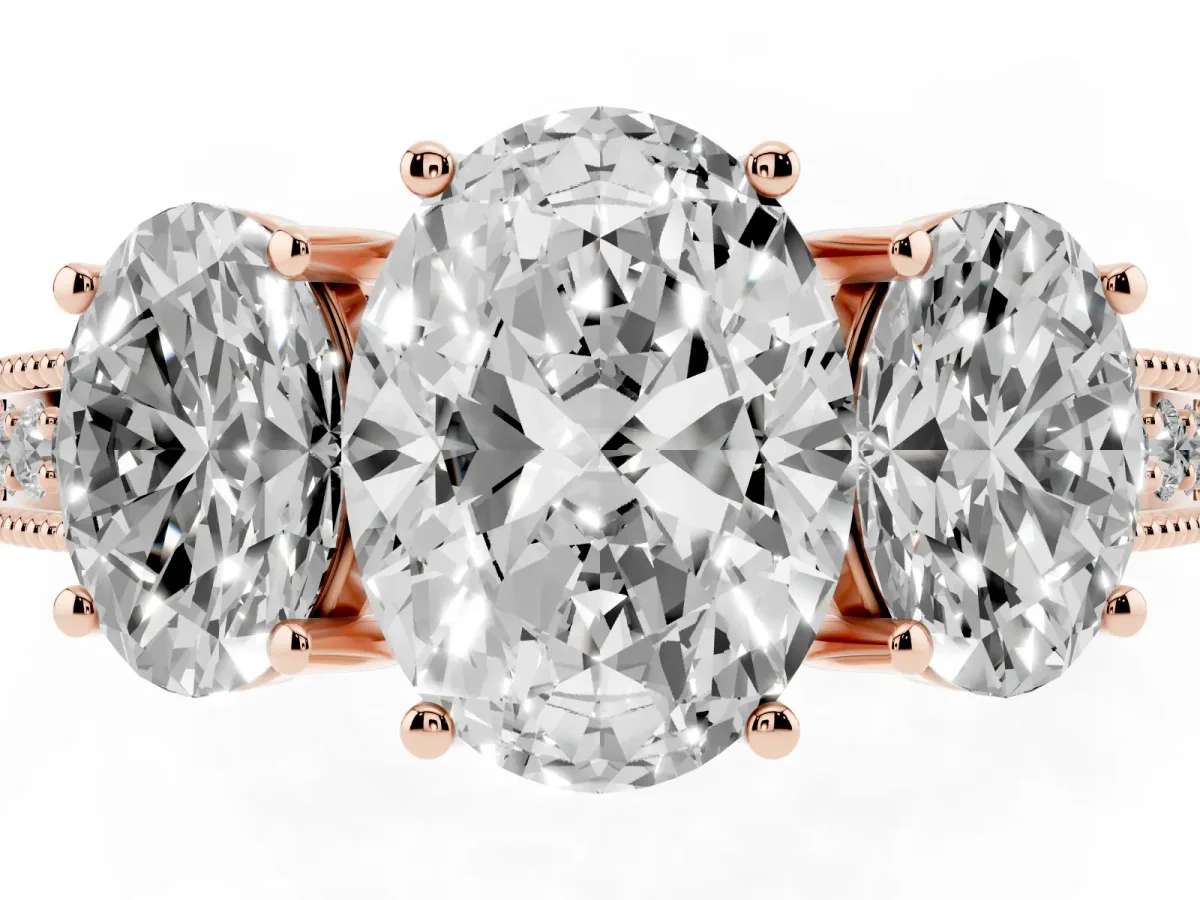 Three-Stone Oval Cut Cut Milgrain Pavé Engagement Ring Rose gold