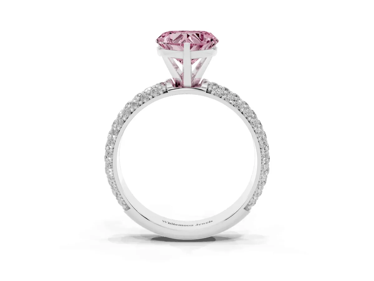Fancy Pink Heart Cut Diamond Solitaire Ring with Prong Setting and Pavé Band Silver