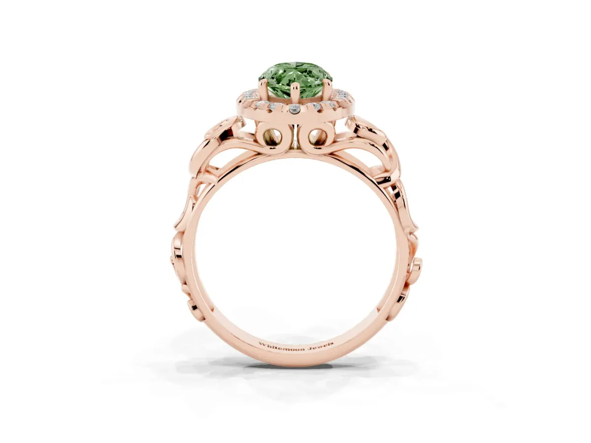 Fancy Green Marquise Cut Cut Halo Diamond Ring with Scrollwork Band and Four-Prong Setting Rose gold