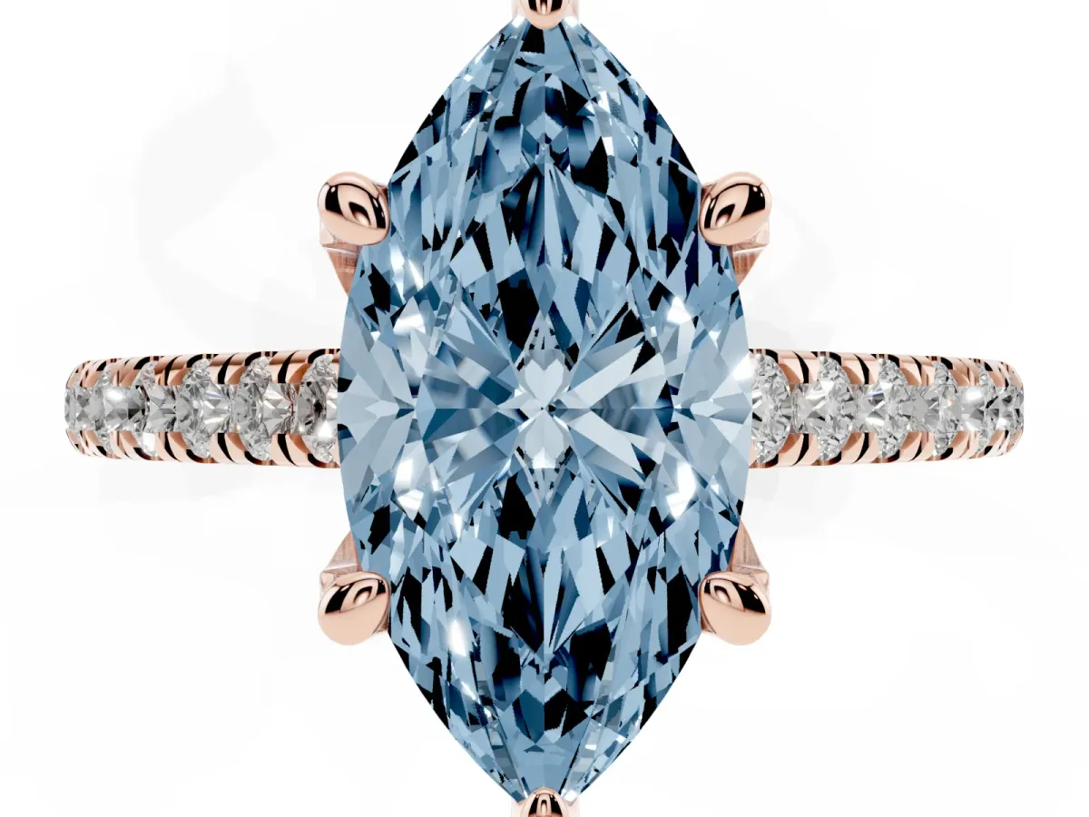 Fancy Blue Marquise Cut Brilliant Diamond Solitaire with Pavé Band and Four-Prong Setting Rose gold