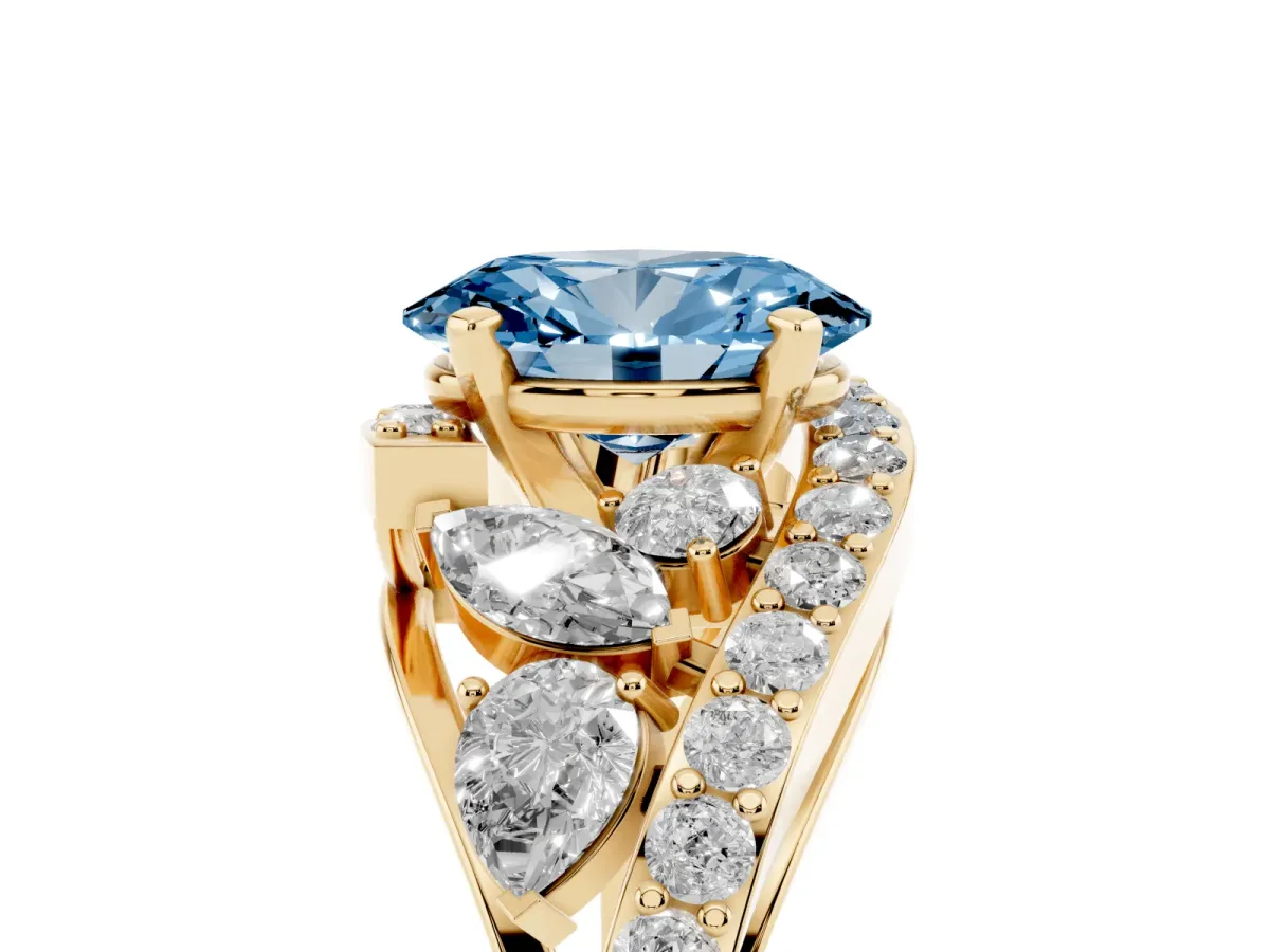 Fancy Blue Oval Cut Diamond Halo Ring with Marquise and Pavé Band in Prong Setting Yellow gold
