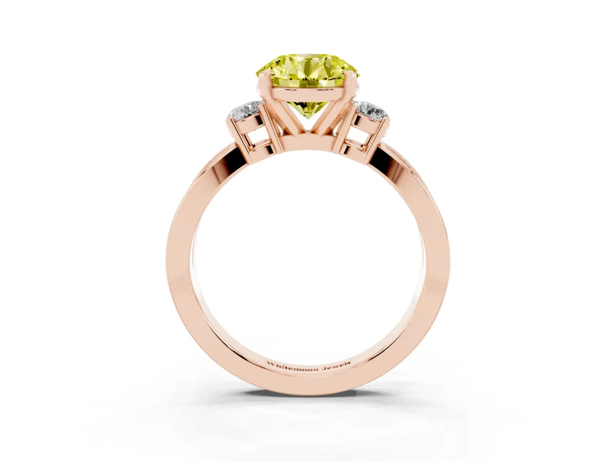 Fancy Yellow Three-Stone Round Cut Cut Diamond Twist Band with Prong Setting Rose gold