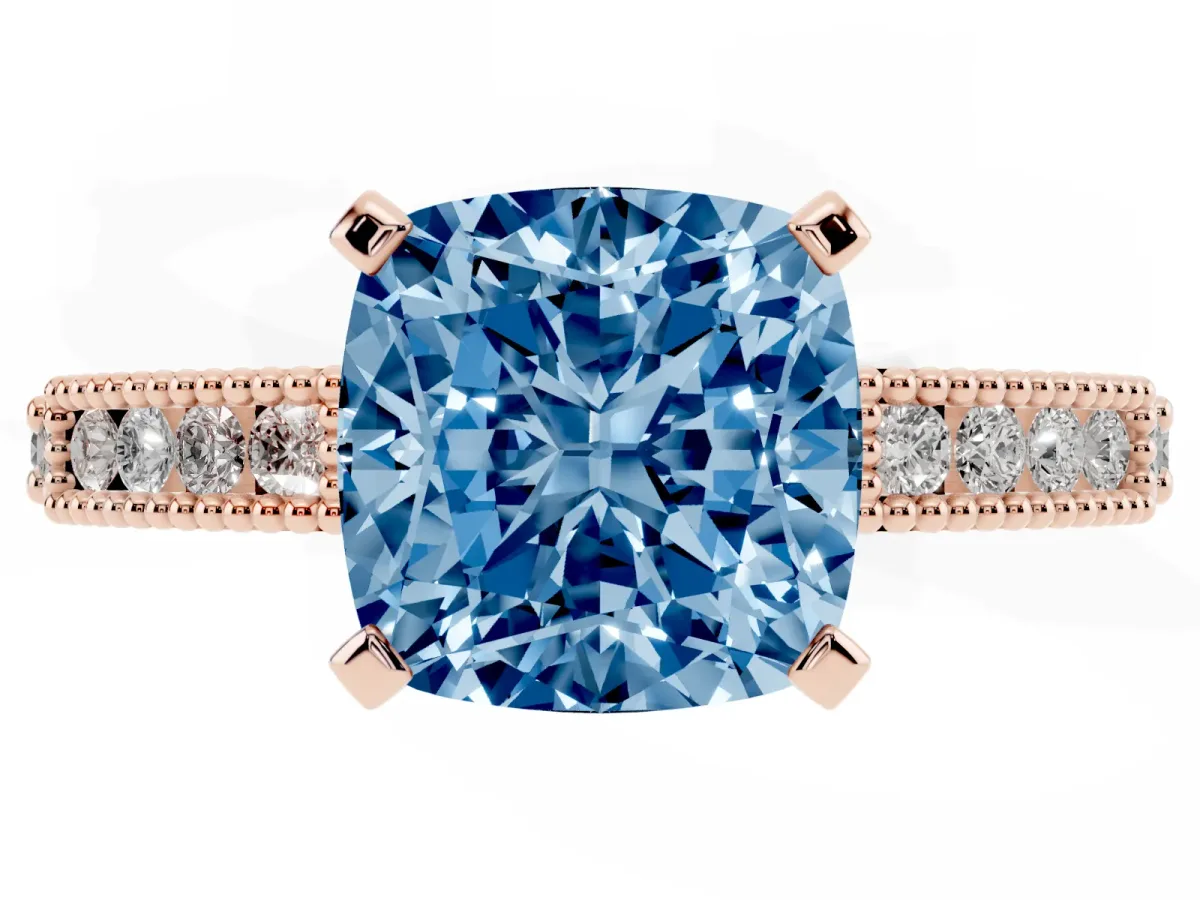 Fancy Blue Cushion Cut Solitaire with Pavé Band and Four-Prong Setting Rose gold