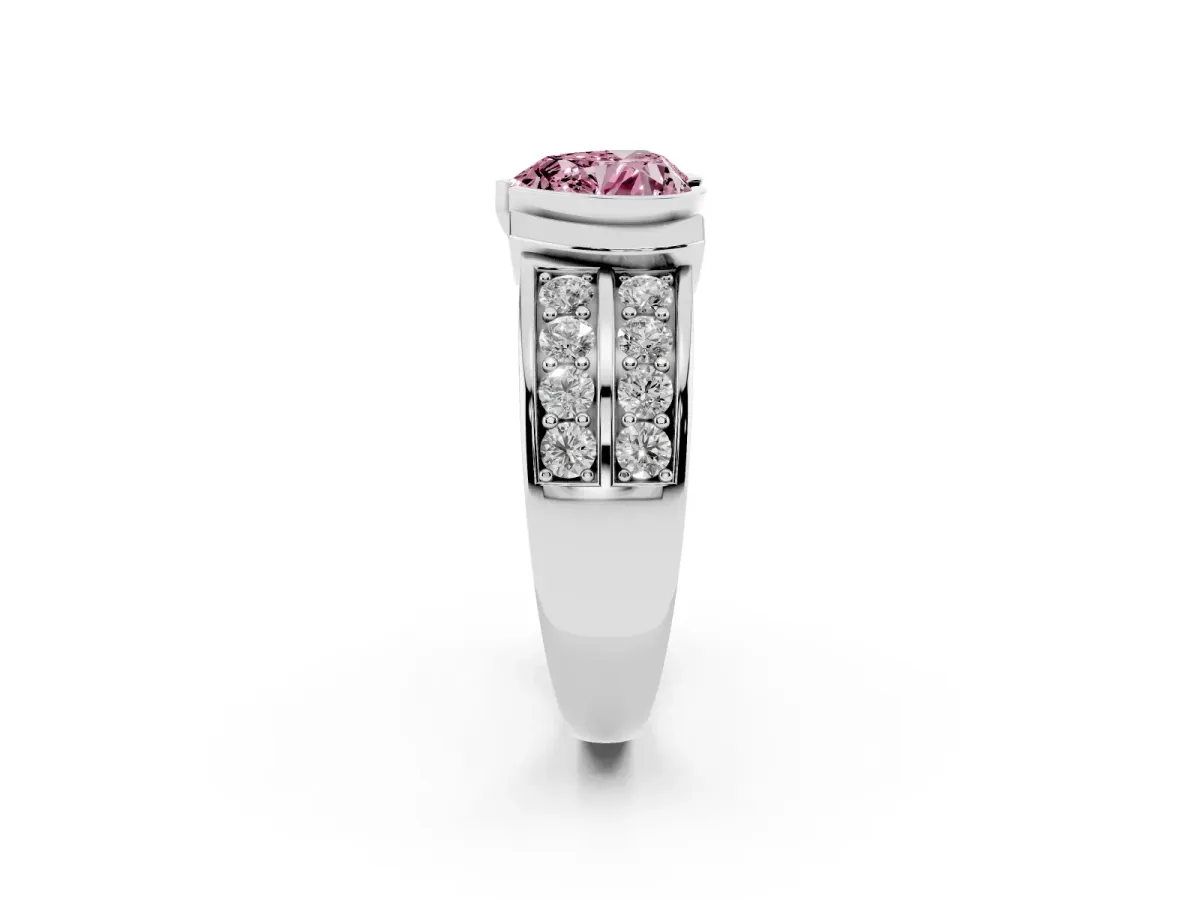 Fancy Pink Heart Cut Brilliant Diamond Channel Set Wide Band Ring with Bezel Setting Platinum