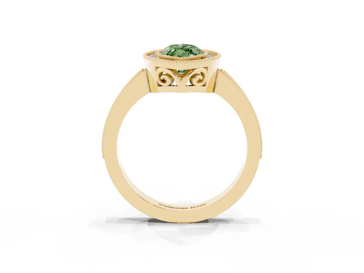 Fancy Green Marquise Cut Cut Halo Diamond Ring with Pavé Band and Milgrain Prong Setting Yellow gold