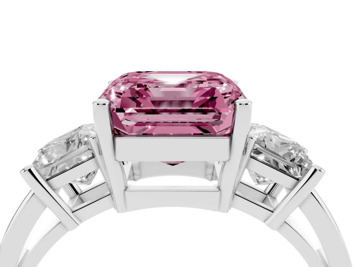 Fancy Pink Three-Stone Asscher Cut Cut Solitaire Ring with Prong Setting Silver