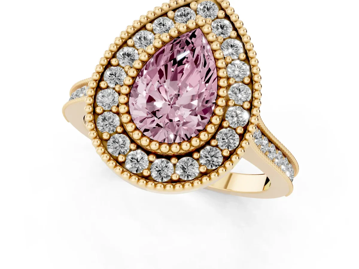 Fancy Pink Pear Cut Diamond Halo Ring with Milgrain Frame and Pavé Band Yellow gold