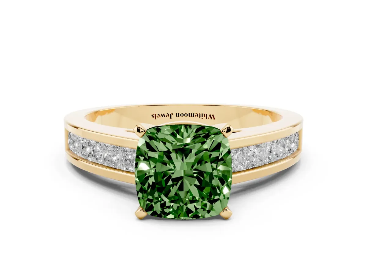 Fancy Green Cushion Cut Solitaire Diamond Ring with Channel-Set Band and Four-Prong Setting Yellow gold